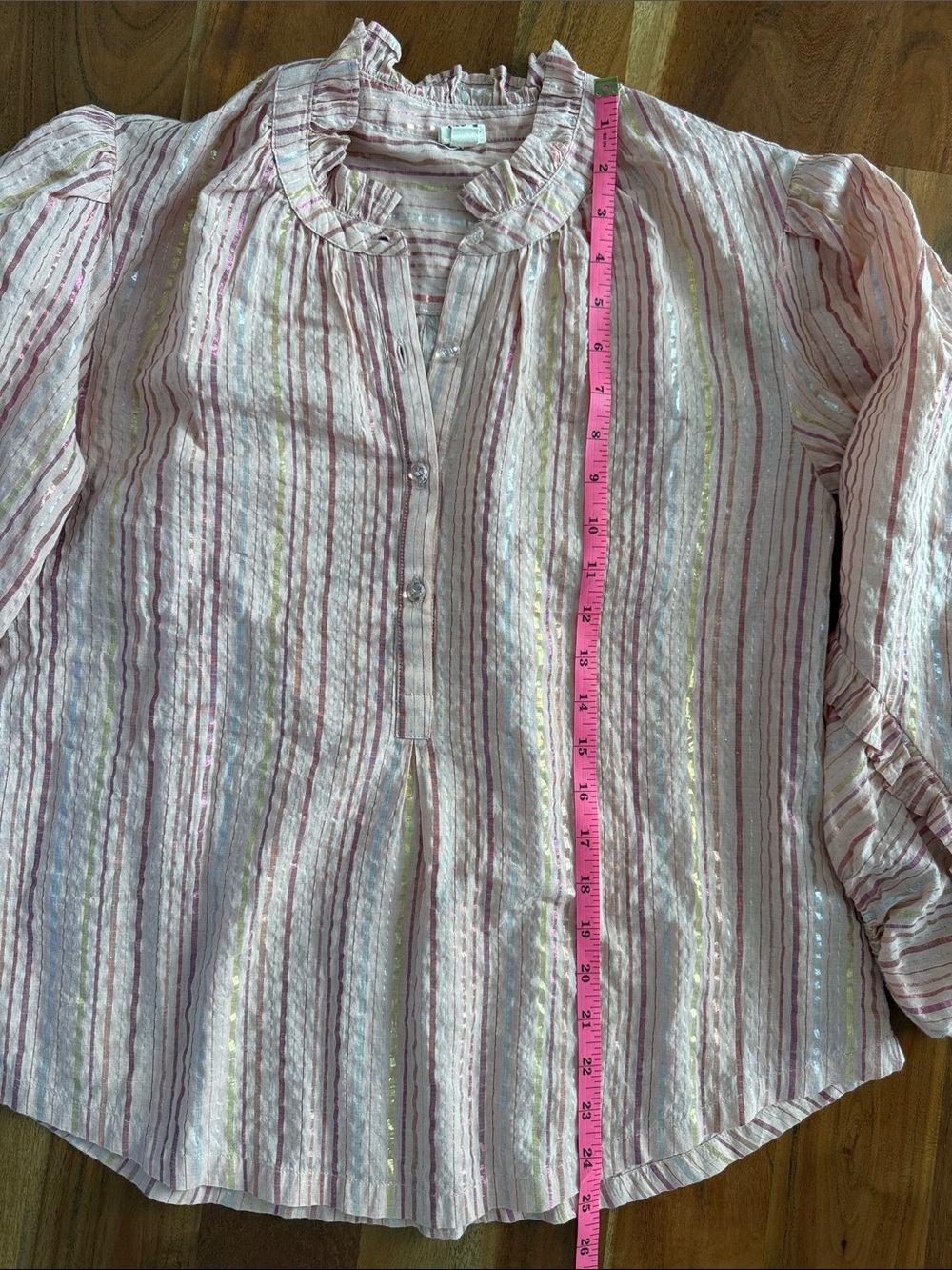 Light Pink Striped Ruffle Neck Blouse - Picture 11 of 14